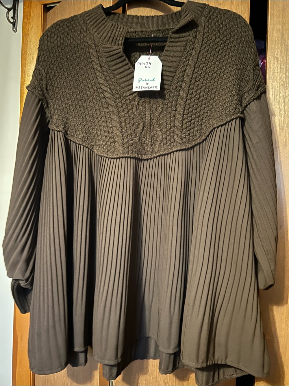 Pleated Knit Yoke Long Sleeve Top - Brown
